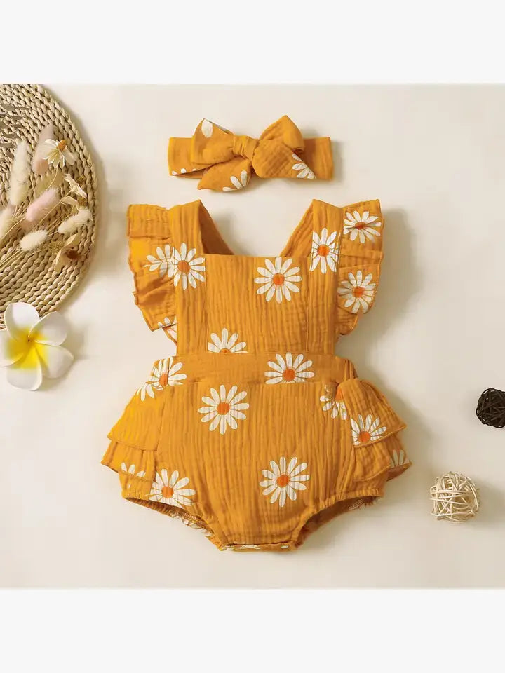 Daisy Print Crepe Fabric - Baby Onesie Set