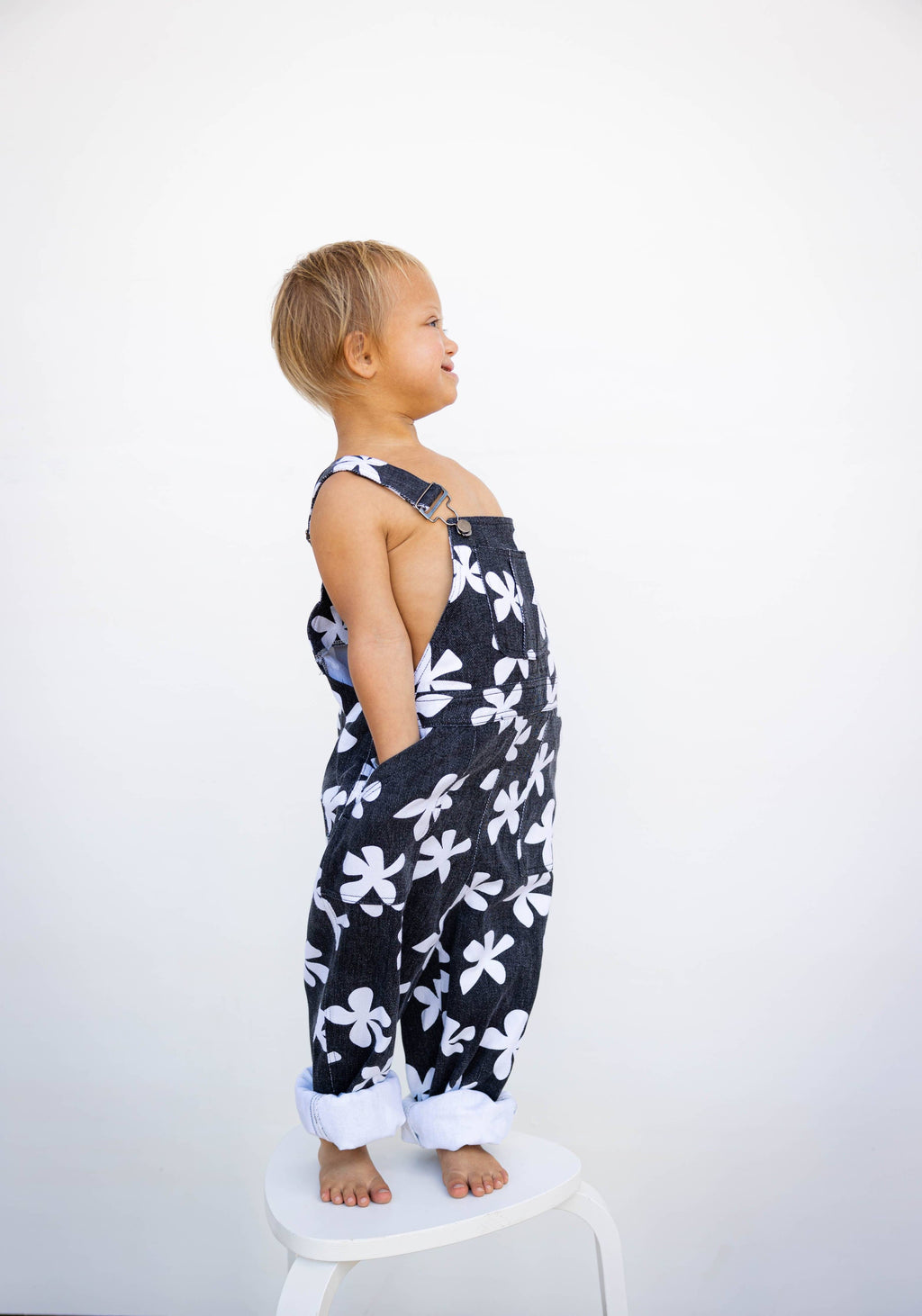 Of One Sea - Kid's Denim Overalls in Black Plumeria