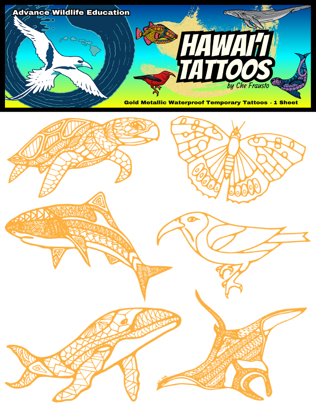 Hawaiian Tattoo Sheet (Gold Metallic)