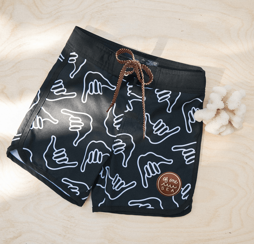 Of One Sea - Kid’s Retro Boardshorts in Black Shaka