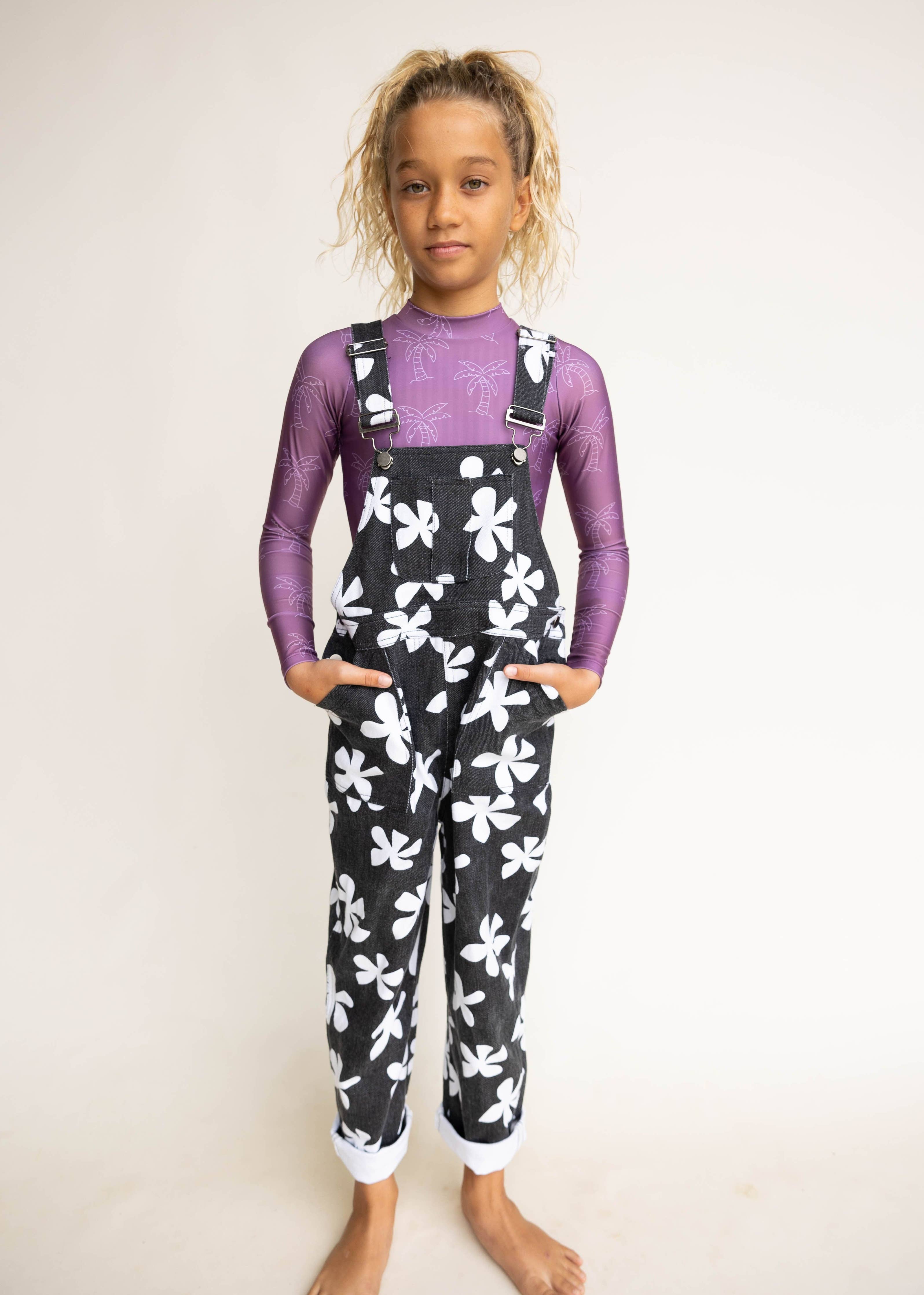 Of One Sea - Kid's Denim Overalls in Black Plumeria