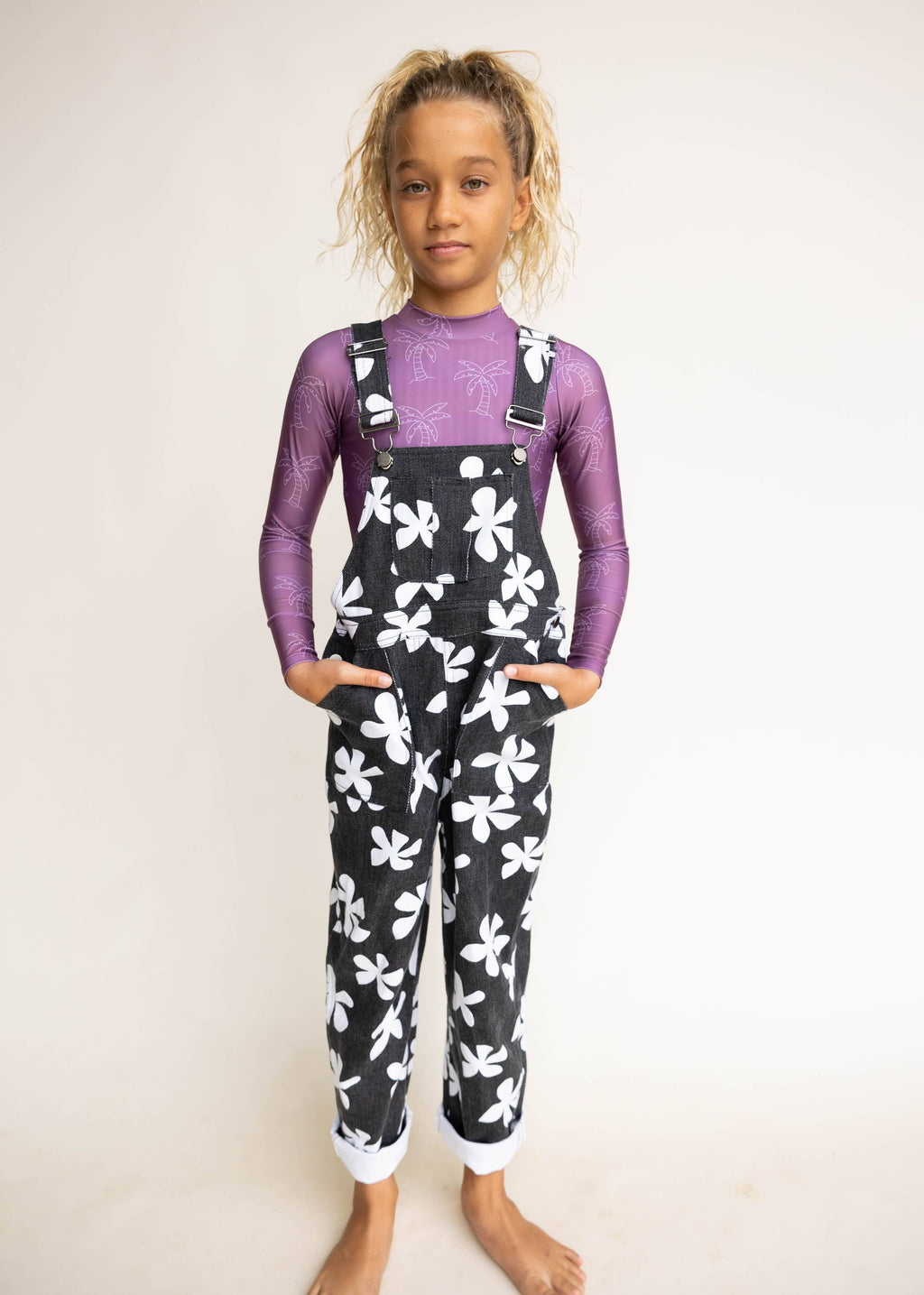 Of One Sea - Kid's Denim Overalls in Black Plumeria