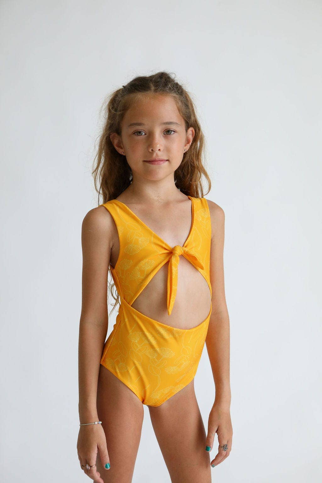 Of One Sea - Girl's Cutout One Piece in Yellow Ohia Lehua Print