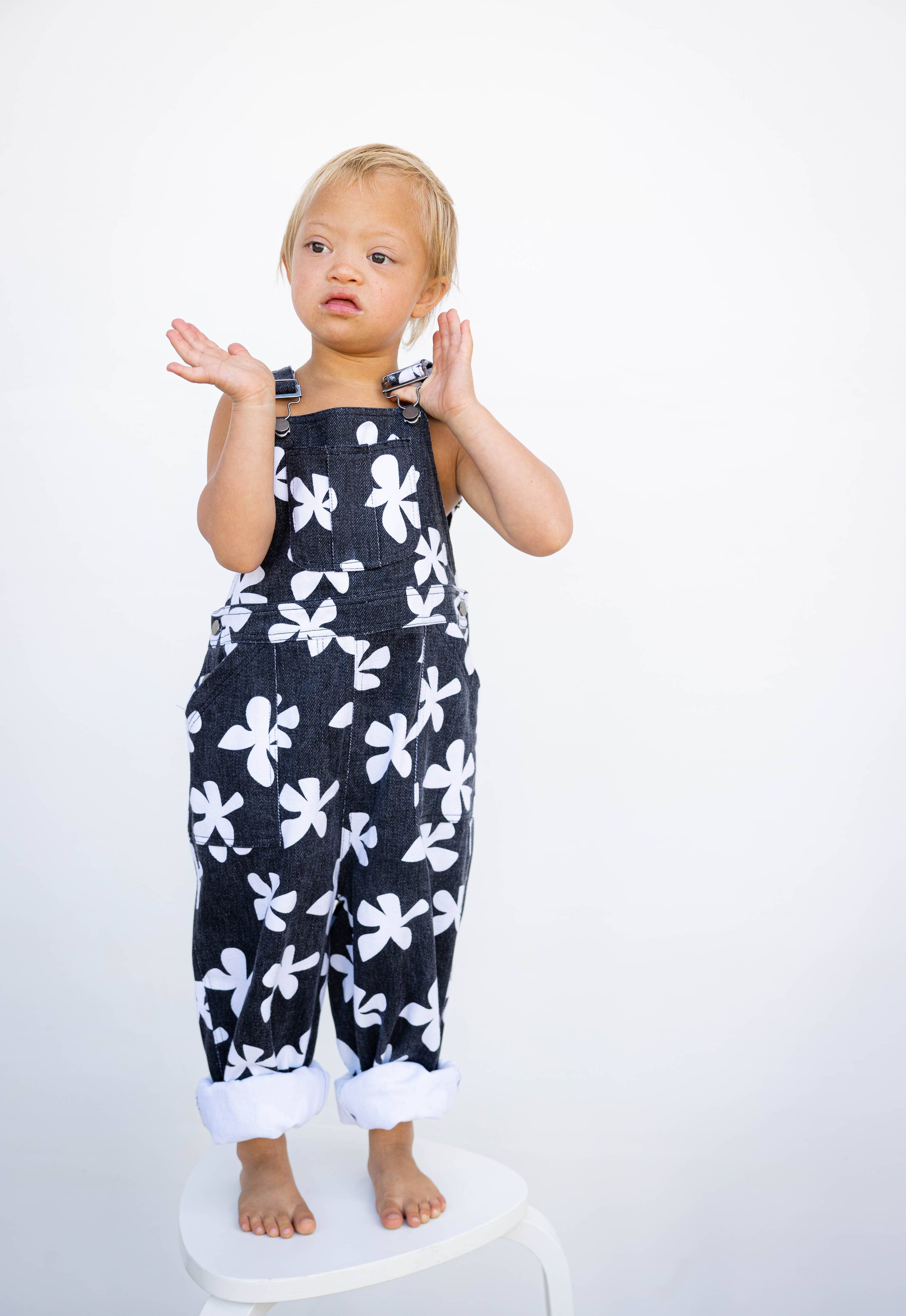 Of One Sea - Kid's Denim Overalls in Black Plumeria