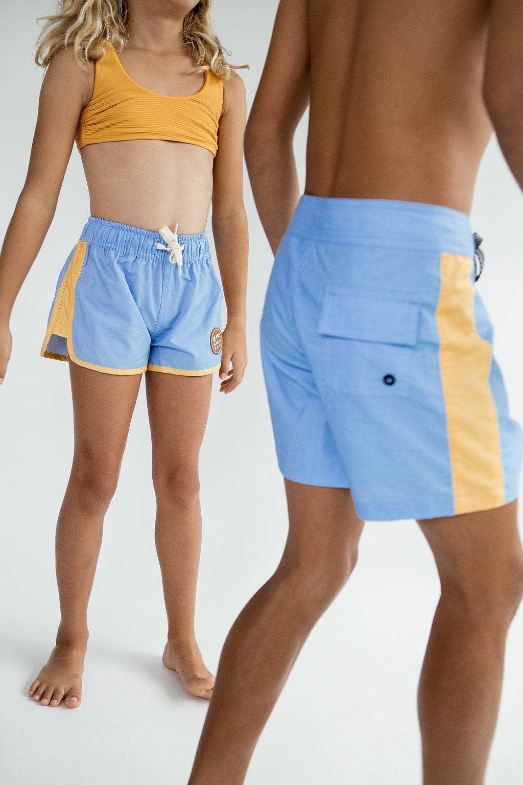 Of One Sea - Kid’s Boardie Watershorts in Light Blue and Yellow Colorblock