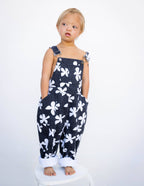 Of One Sea - Kid's Denim Overalls in Black Plumeria