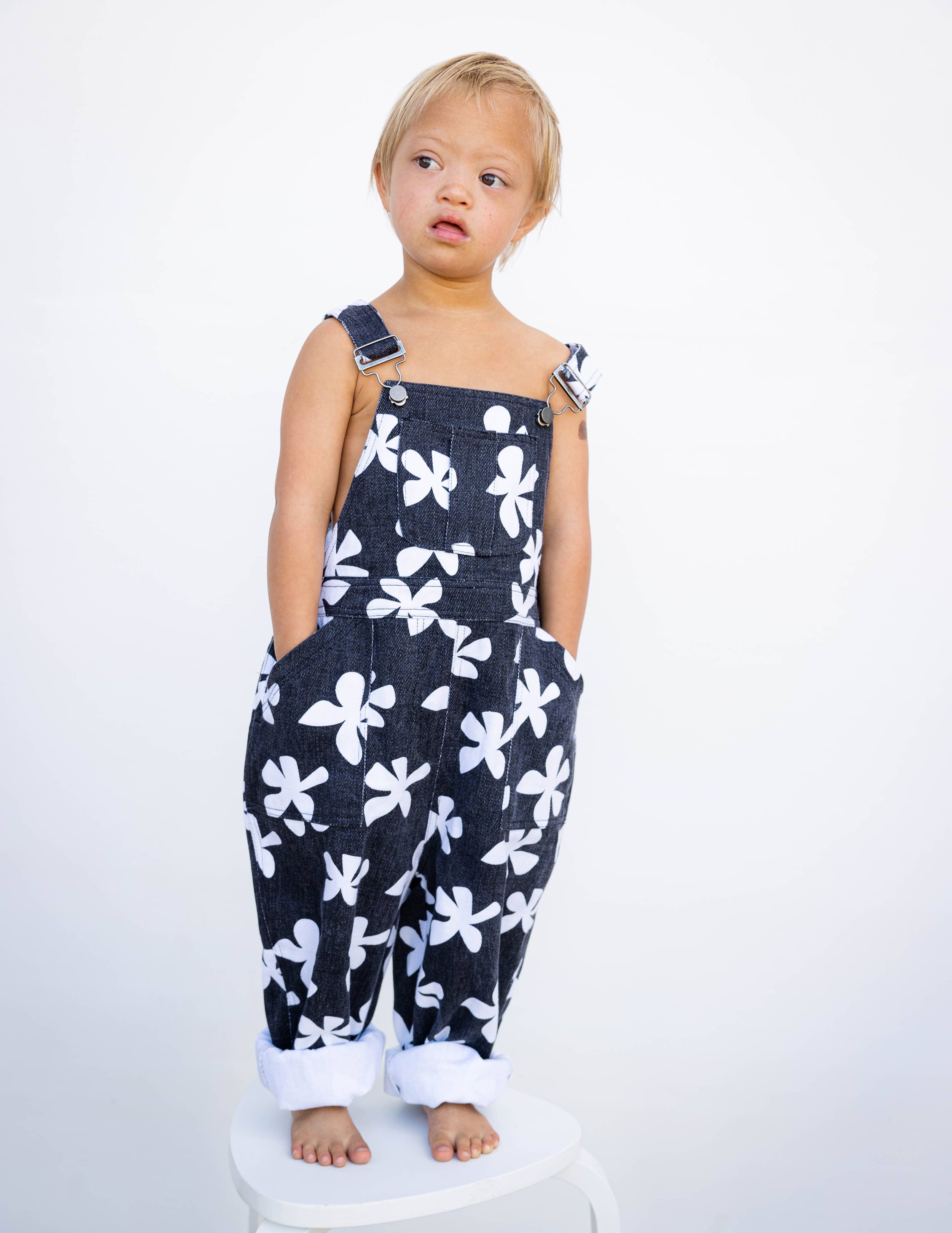 Of One Sea - Kid's Denim Overalls in Black Plumeria