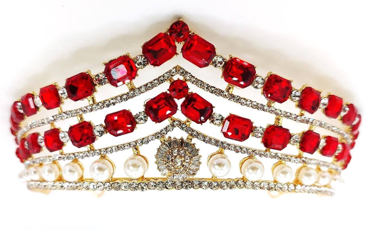 Gold Ruby Rhinestone Tiara - style 1