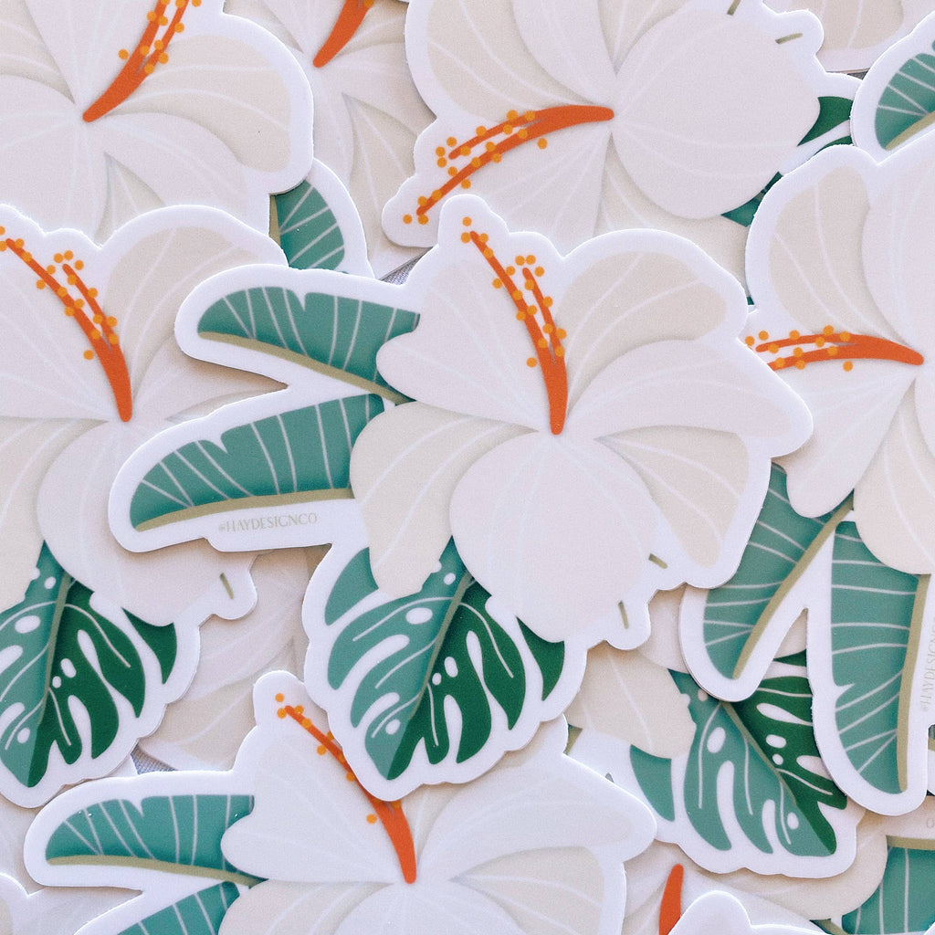 White Hibiscus and Tropical Leaves Sticker