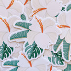 White Hibiscus and Tropical Leaves Sticker