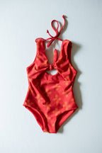 Of One Sea - Girl's Cutout One Piece in Red Breadfruit Bandana