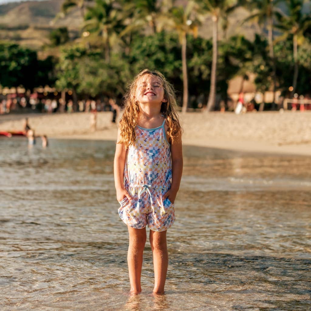 Sunset Checker Girls Shortie Bamboo Romper