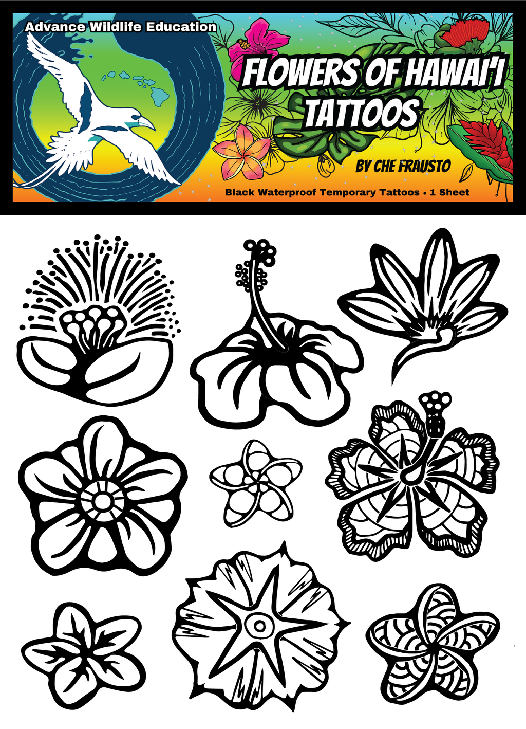 Flowers of Hawai'i Temporary Tattoo Sheet - (Black)