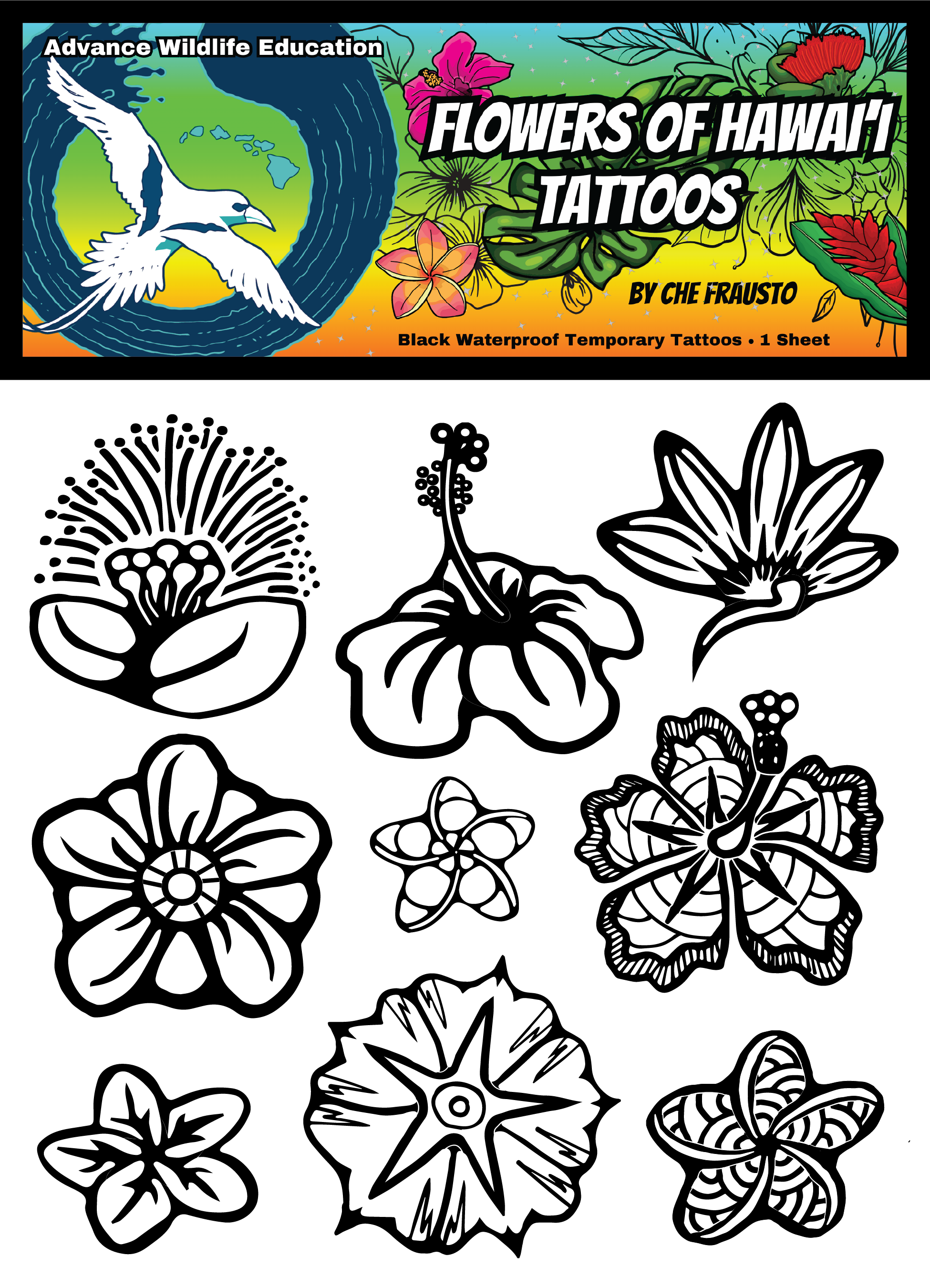 Flowers of Hawai'i Temporary Tattoo Sheet - (Black)