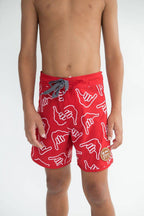 Of One Sea - Kid’s Retro Boardshorts in Red Shaka