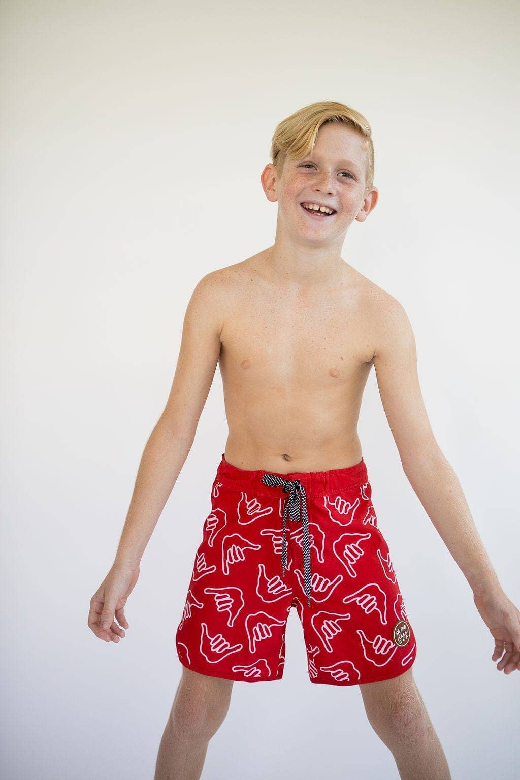 Of One Sea - Kid’s Retro Boardshorts in Red Shaka