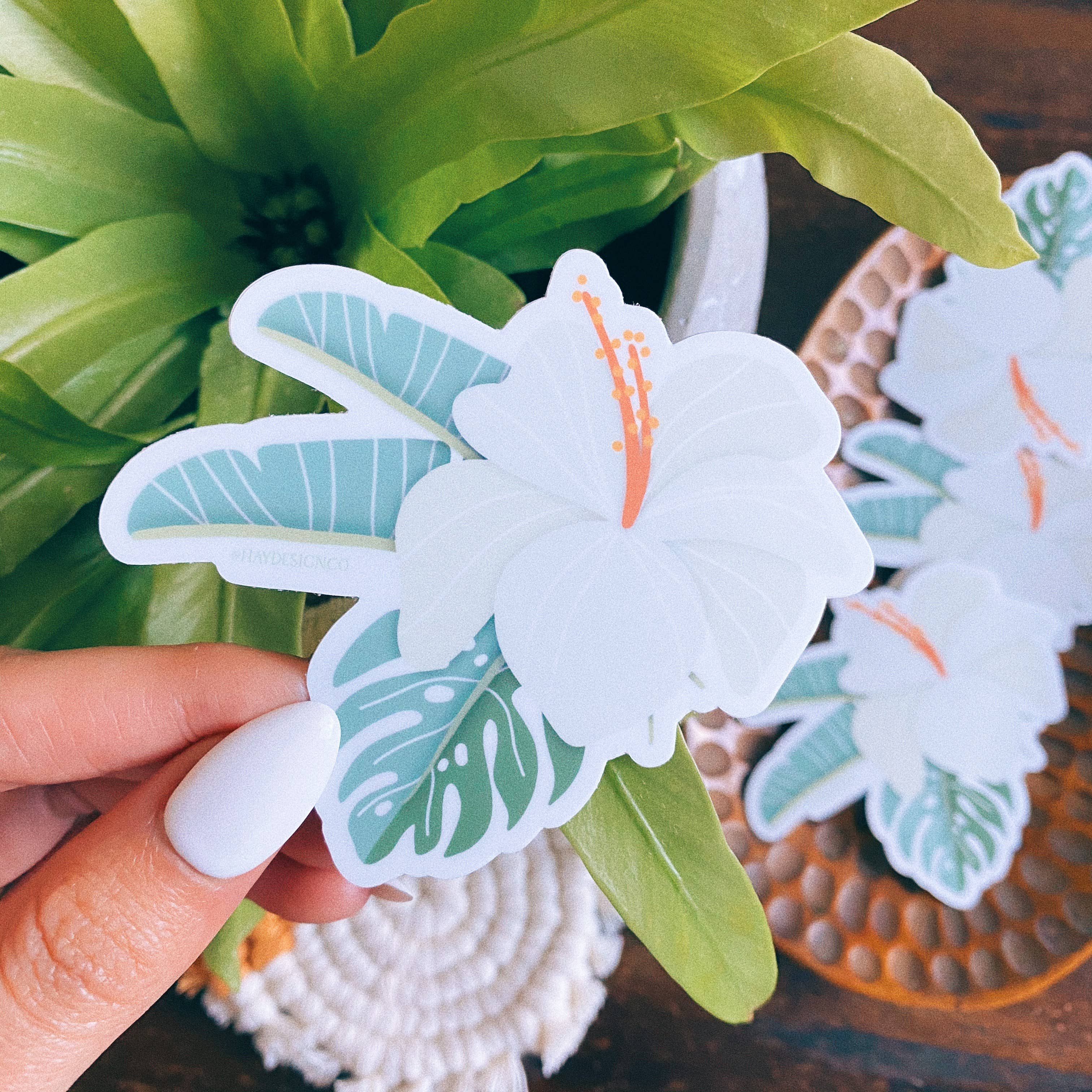 White Hibiscus and Tropical Leaves Sticker