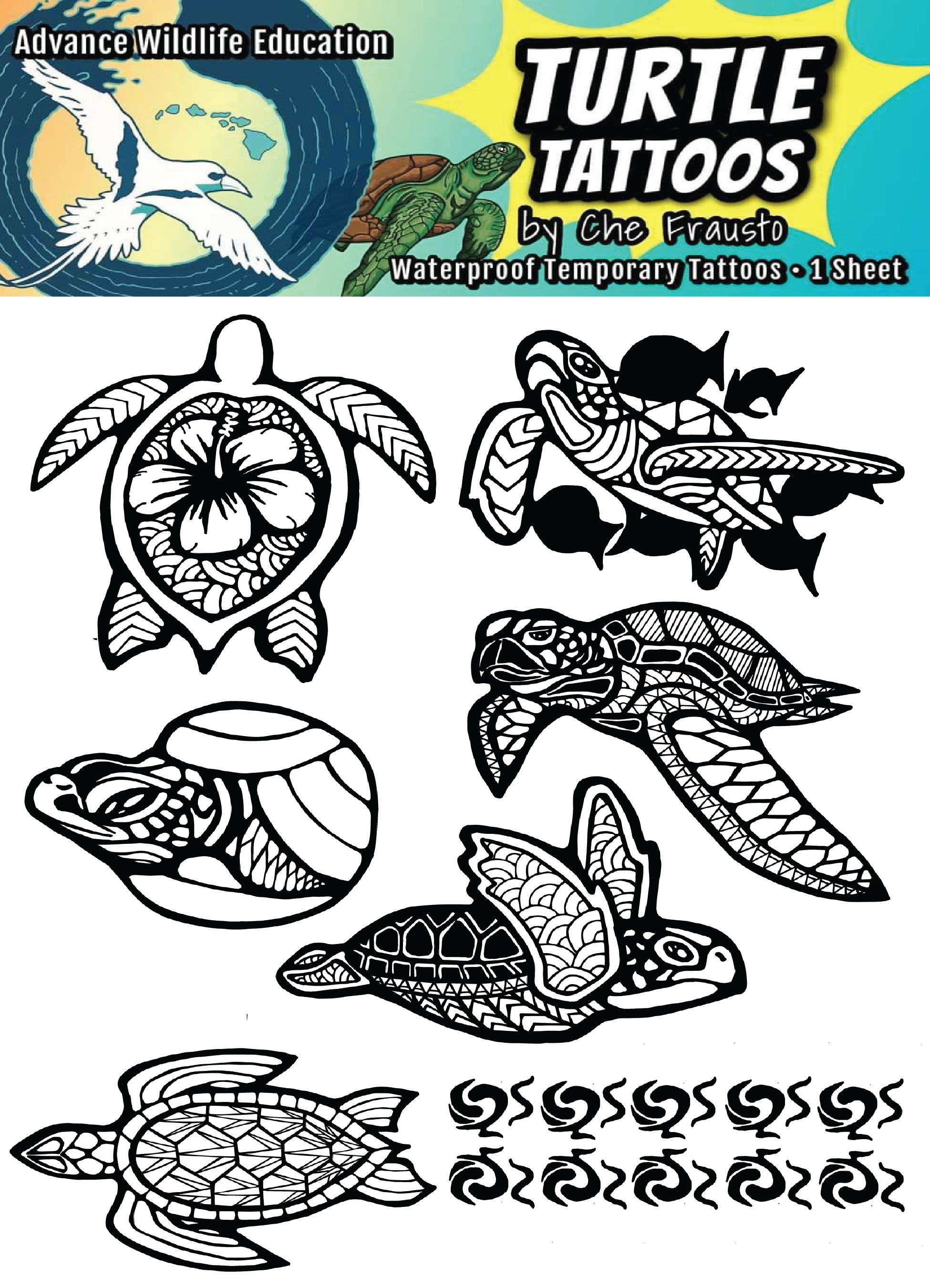 Sea Turtle Temporary Tattoo Sheet (Black)