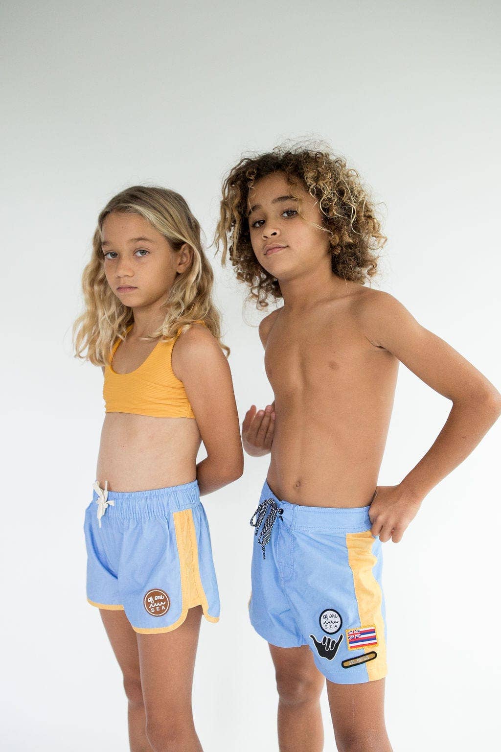 Of One Sea - Kid’s Boardie Watershorts in Light Blue and Yellow Colorblock