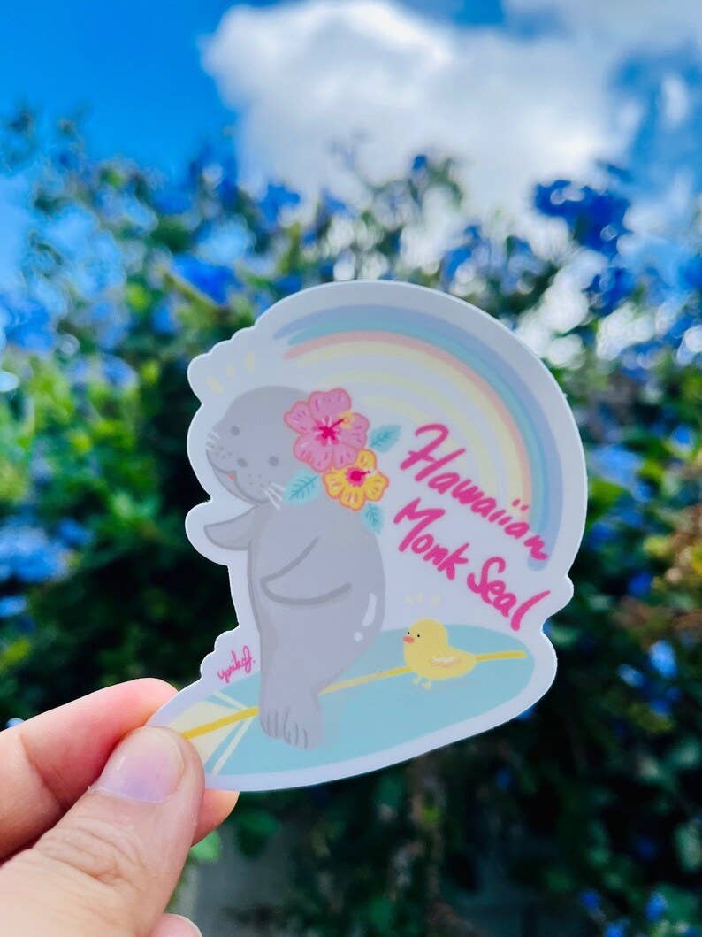 Kawaii Surf Monk Seal Sticker