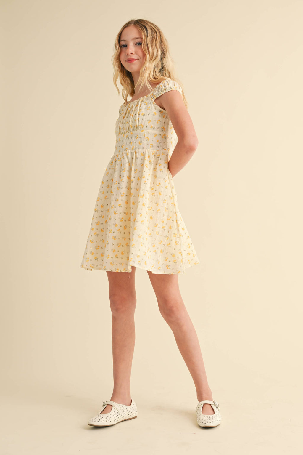 Corset ruched shoulder dress eyelet trim