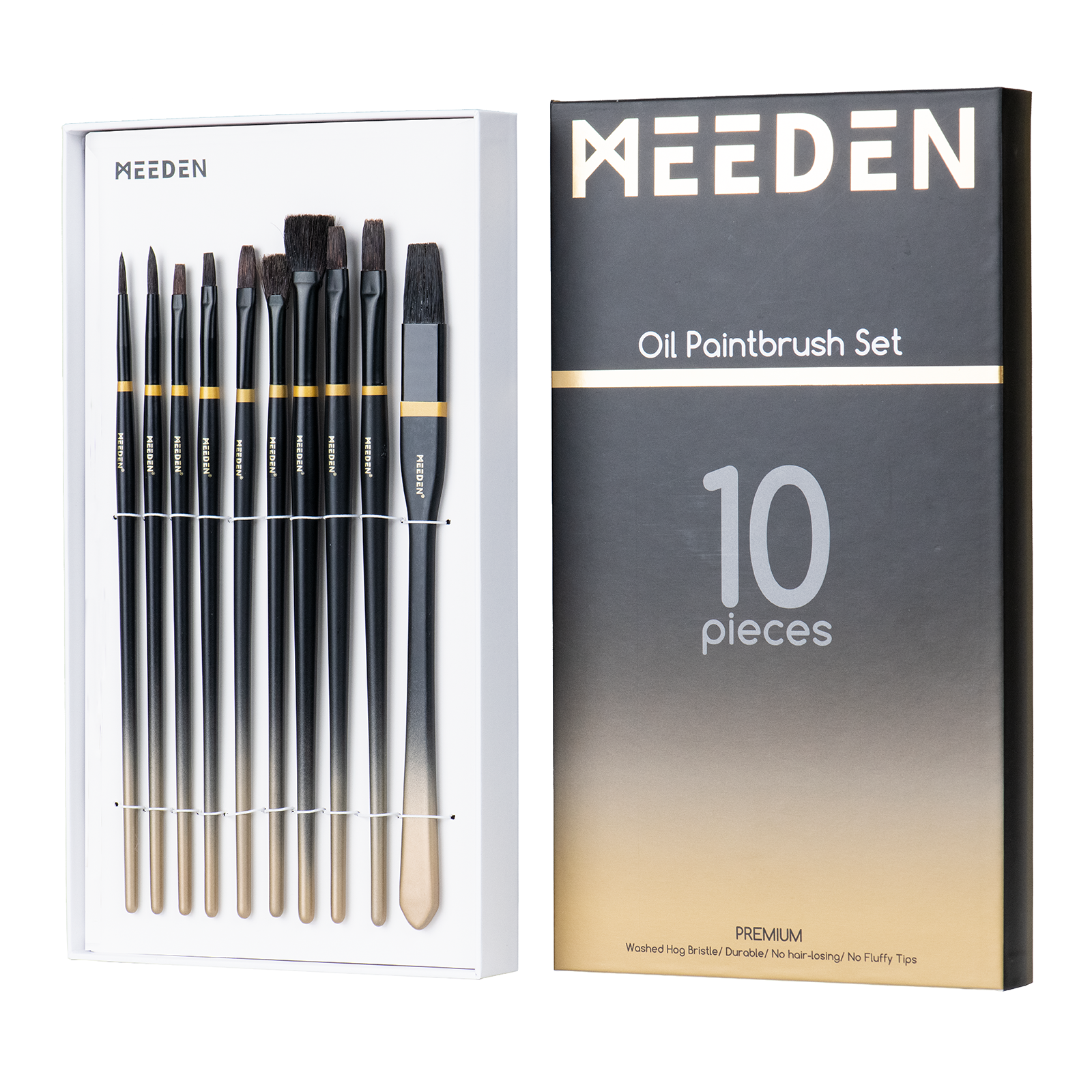MEEDEN Professional Paint Brushes Set, 10 PCS Long Handled Artist Paint Brushes for Oil,Acrylic,Watercolor Painting, Hog Bristle Oil Paint Brushes of Liner,Filbert,Round,Fan,Flat,Shader with Box