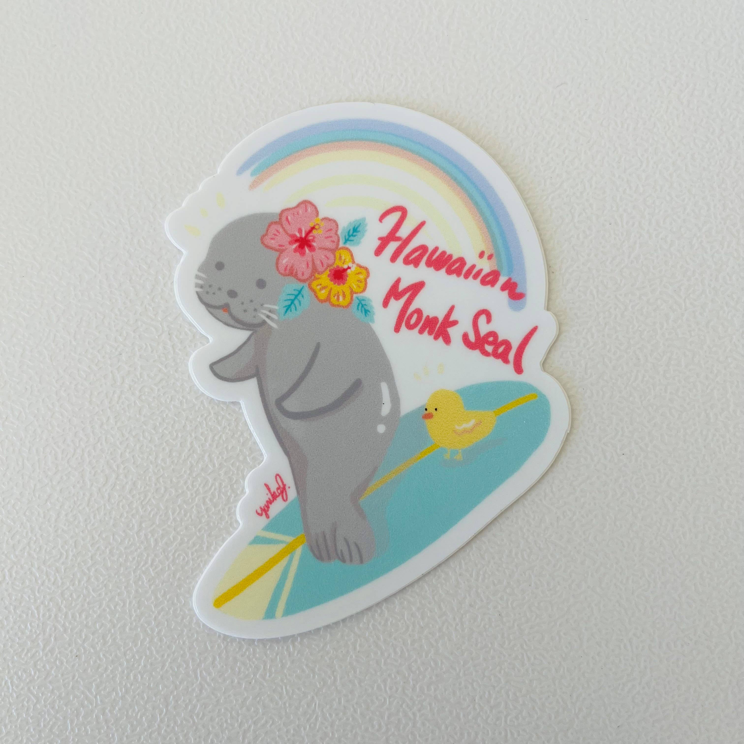 Kawaii Surf Monk Seal Sticker