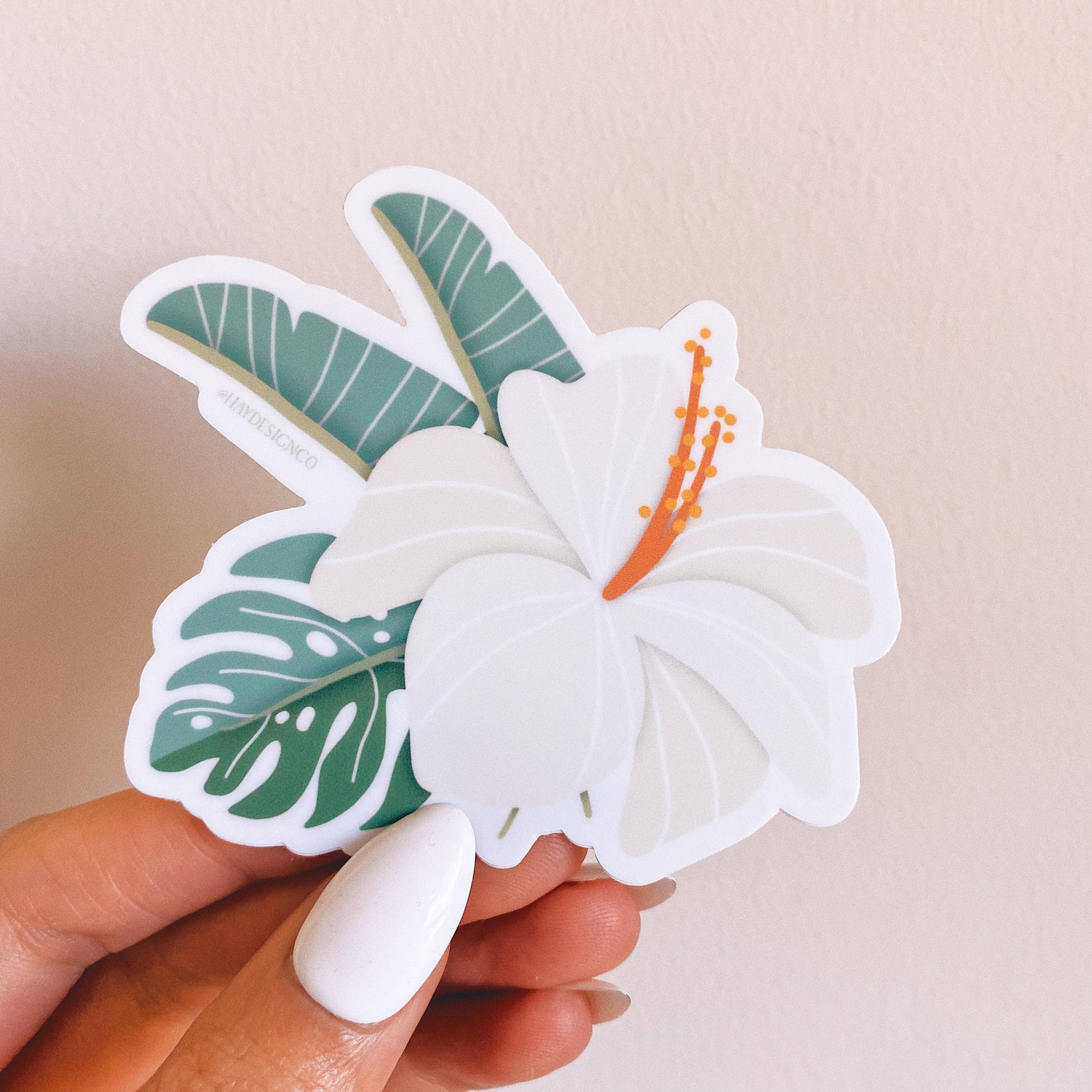 White Hibiscus and Tropical Leaves Sticker