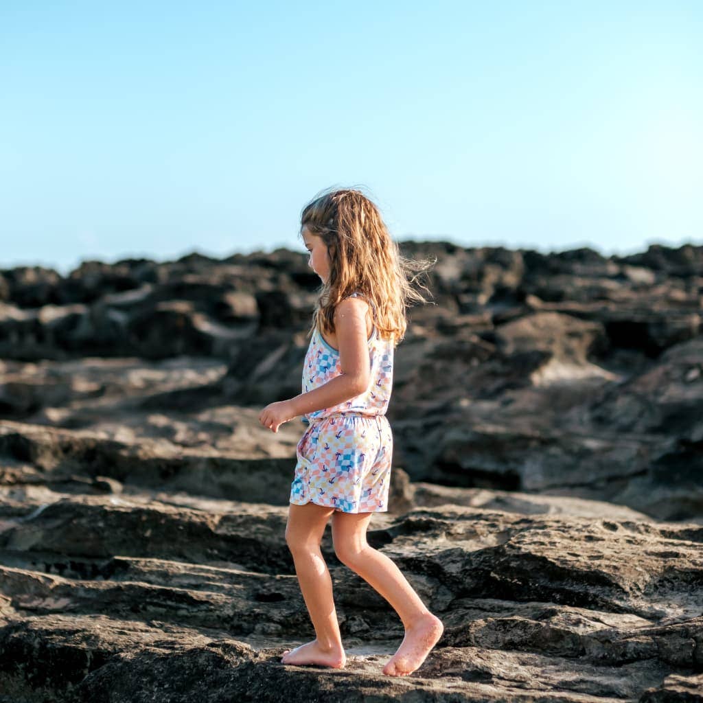 Sunset Checker Girls Shortie Bamboo Romper