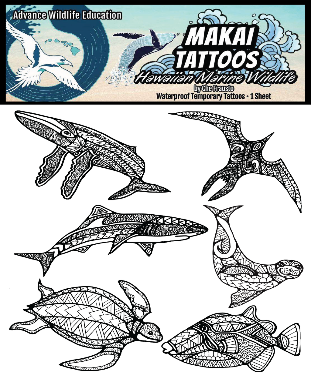 Makai Hawaiian Wildlife Tattoo Sheet (Black)
