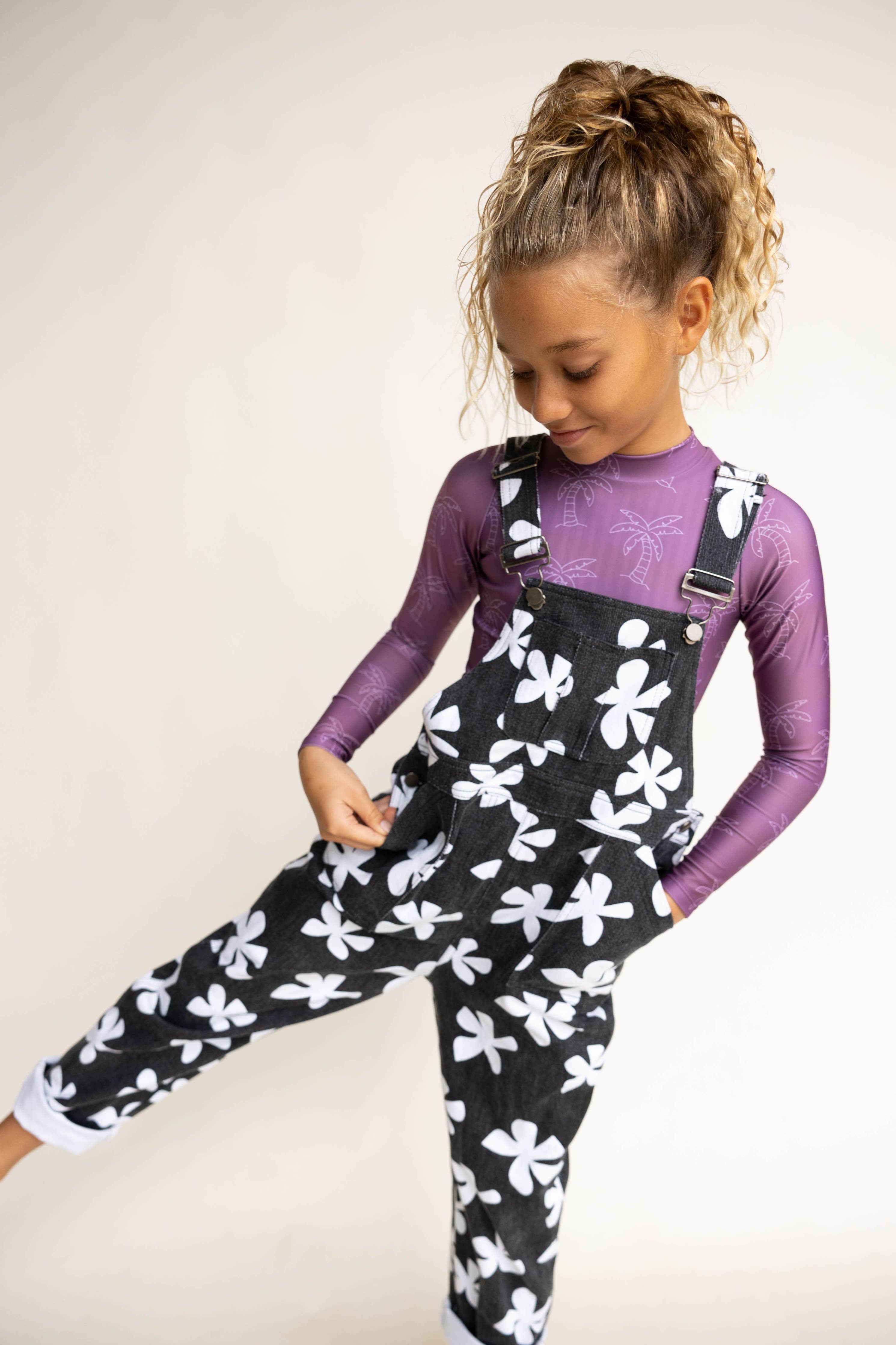Of One Sea - Kid's Denim Overalls in Black Plumeria