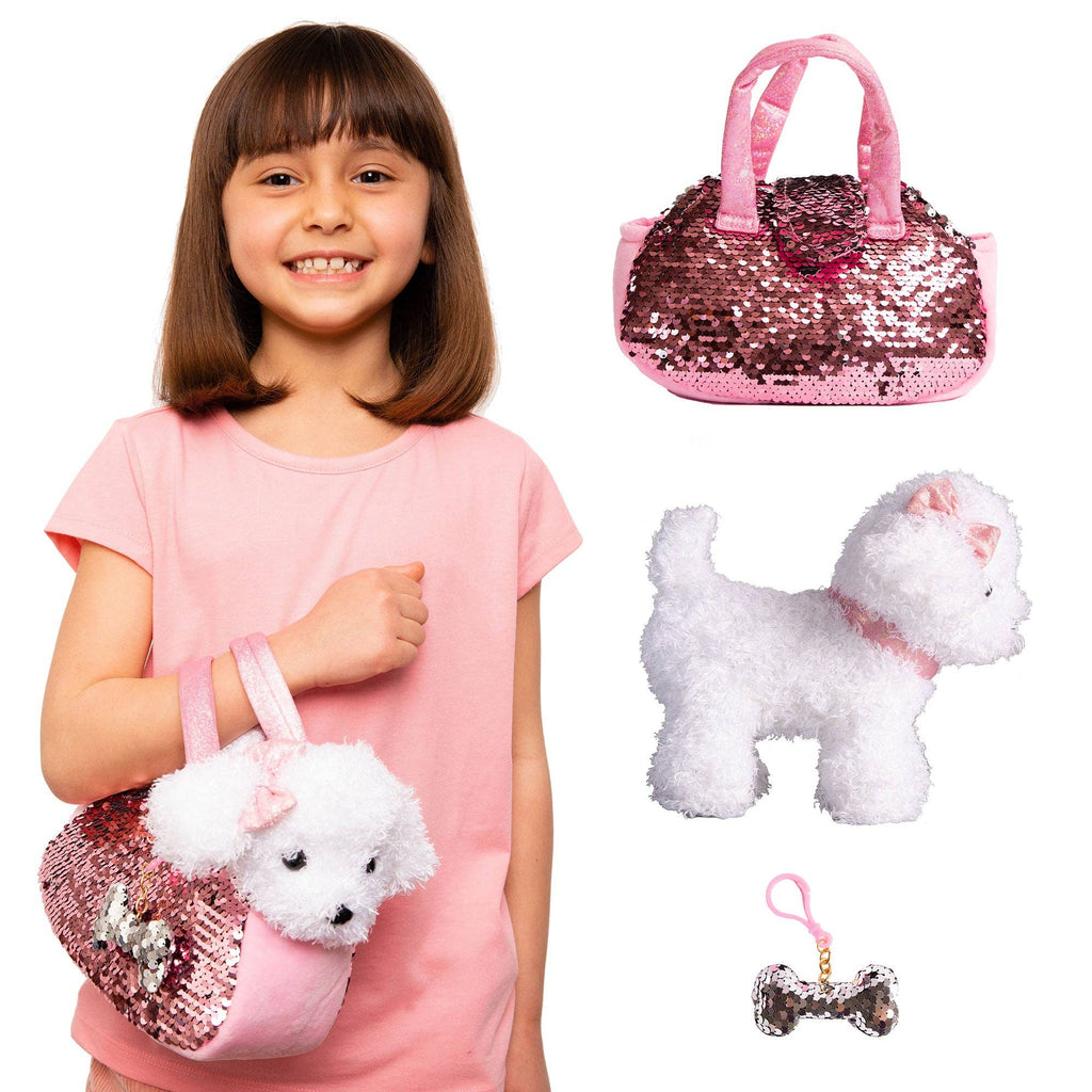 Pet Plush Set with Bag - White/Pink Doodle Dog