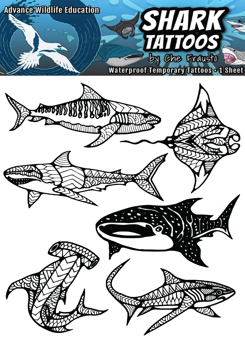 Shark Temporary Tattoo Sheet (Black)