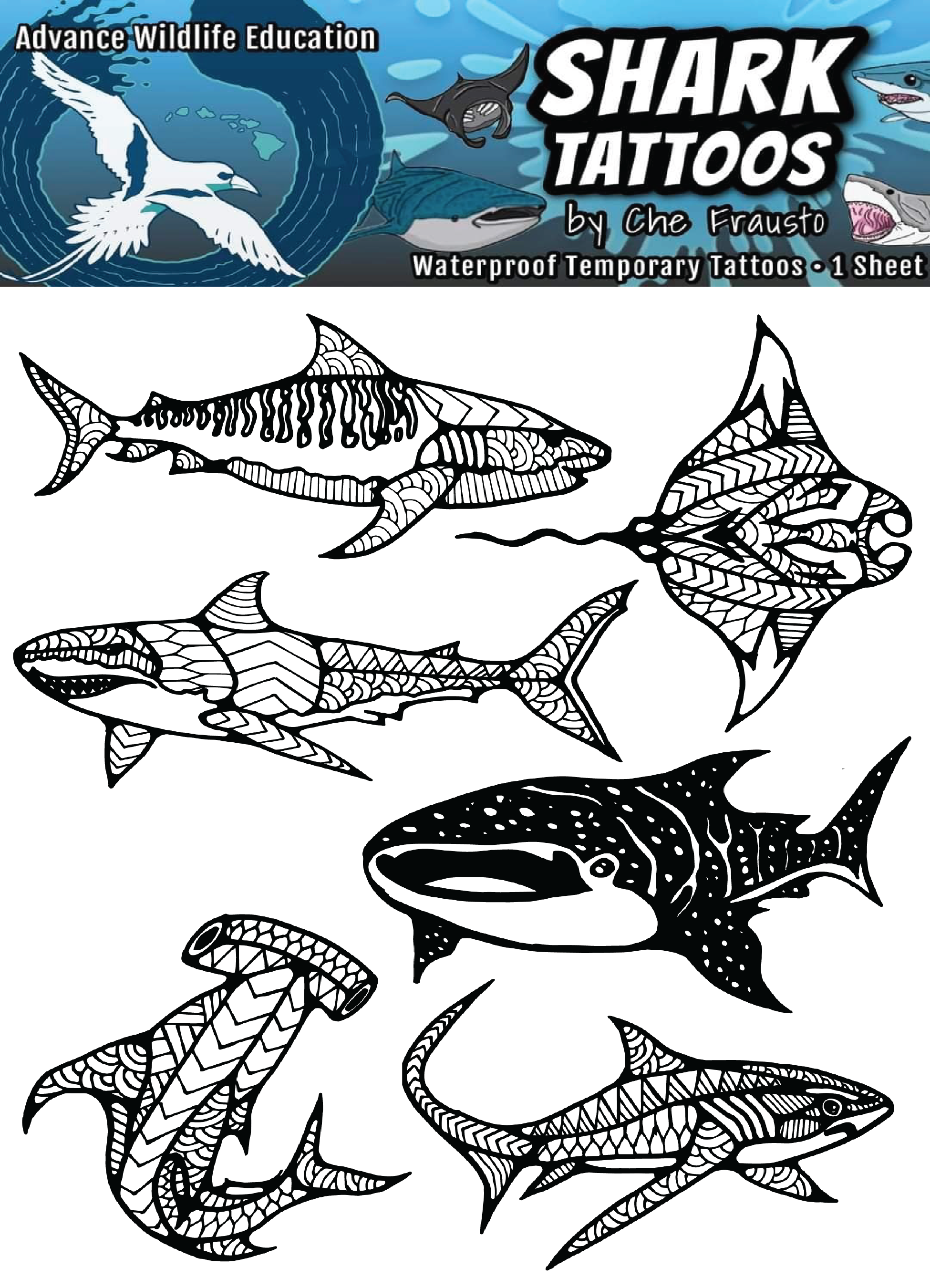 Shark Temporary Tattoo Sheet (Black)